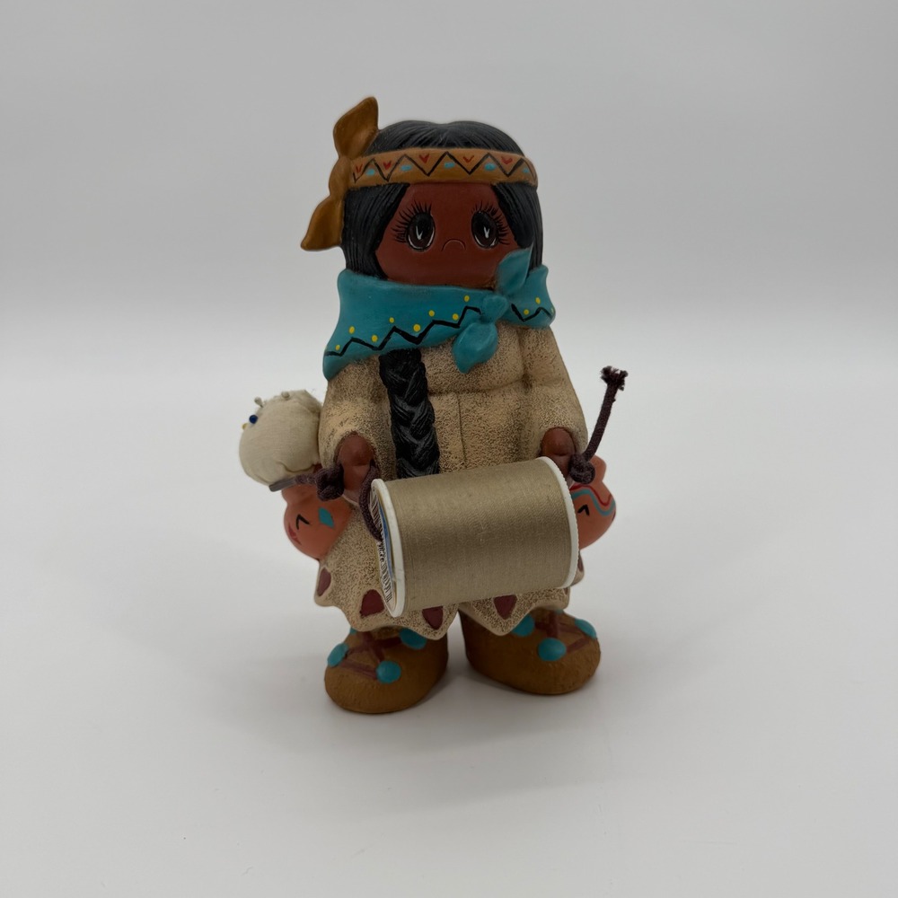 Vintage Ceramic Indigenous Girl Sewing Figurine Spool Holder Pincushion 6.5"